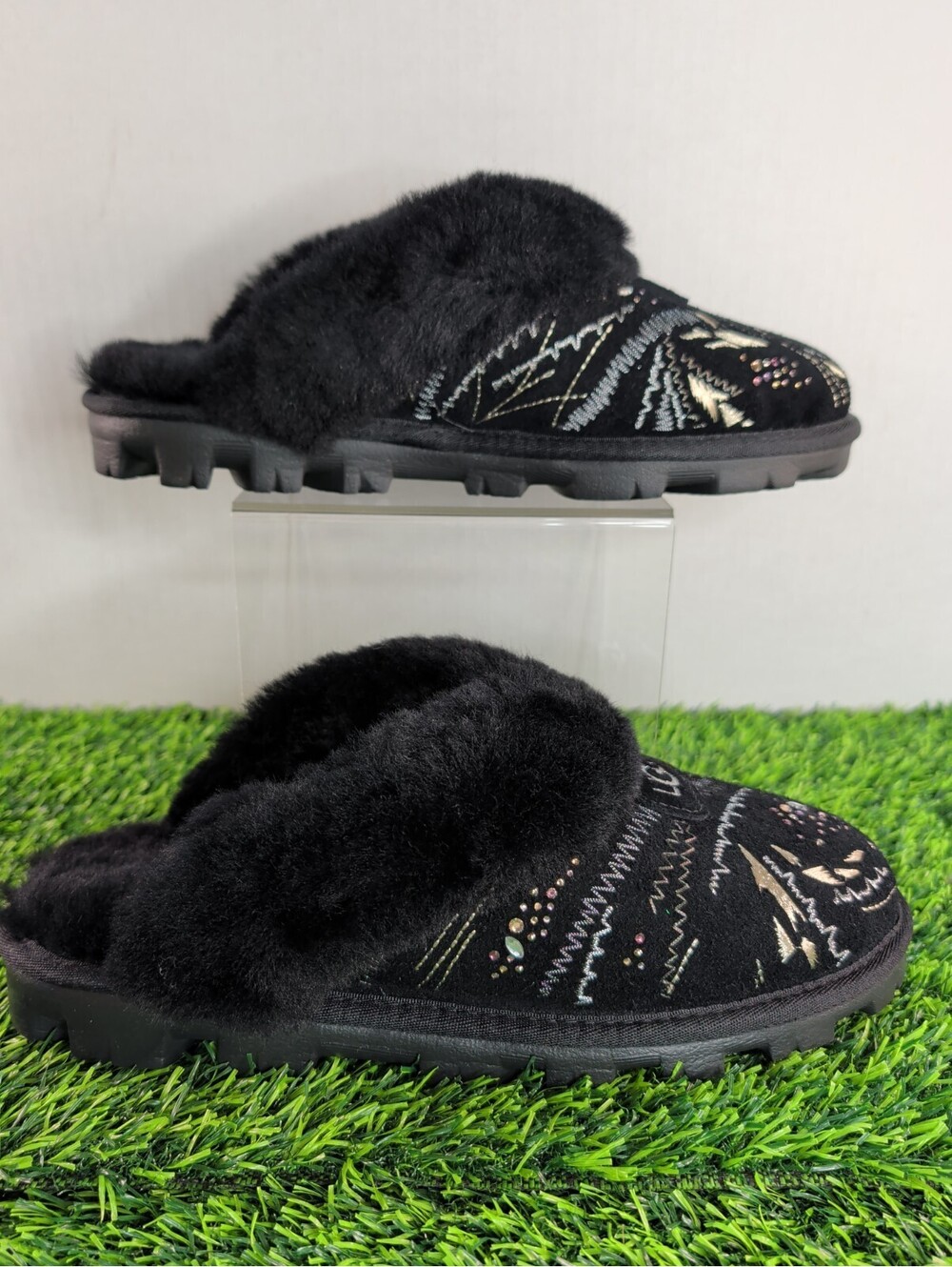 UGG COQUETTE GOLD BURST BLACK SUEDE SHEEPSKIN SLIPPERS SIZE 9 NEW IN BOX